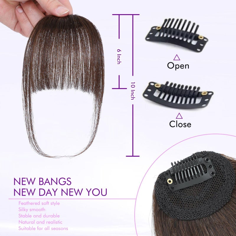 ELEFOCUS Clip in Bangs 100% Real Human Hair Extensions Wispy Dark Brown Fake Hair Pieces for Women Fringe with Temples Daily Wear - Image 2