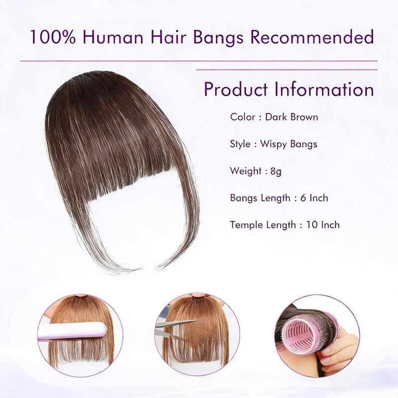 ELEFOCUS Clip in Bangs 100% Real Human Hair Extensions Wispy Dark Brown Fake Hair Pieces for Women Fringe with Temples Daily Wear - Image 5