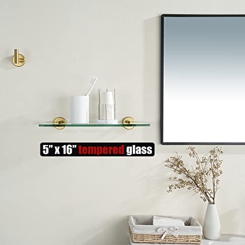 JQK Bathroom Glass Shelf Gold, Tempered Glass Shower Storage 16 by 5 inches, 304 Stainless Steel Brushed Gold Wall Mount, TGS101-BG - Image 3