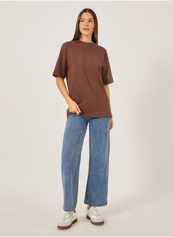 Styli Women Brown Bear Graphic Print Short Sleeve Oversized T-Shirtâ€‹  - Image 2