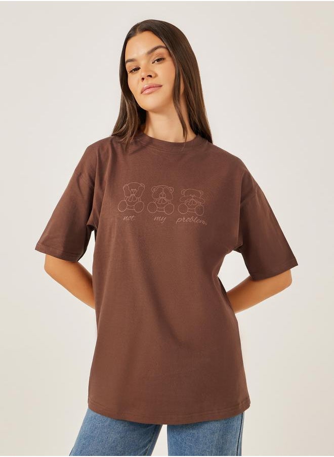 Styli Women Brown Bear Graphic Print Short Sleeve Oversized T-Shirtâ€‹  - Image 1