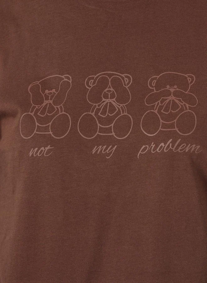 Styli Women Brown Bear Graphic Print Short Sleeve Oversized T-Shirtâ€‹