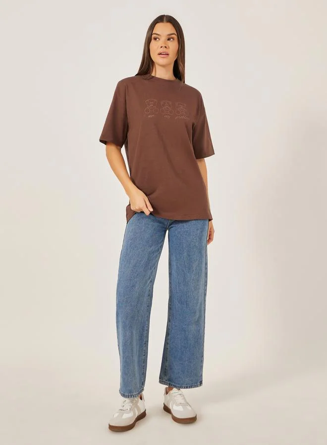 Styli Women Brown Bear Graphic Print Short Sleeve Oversized T-Shirt​