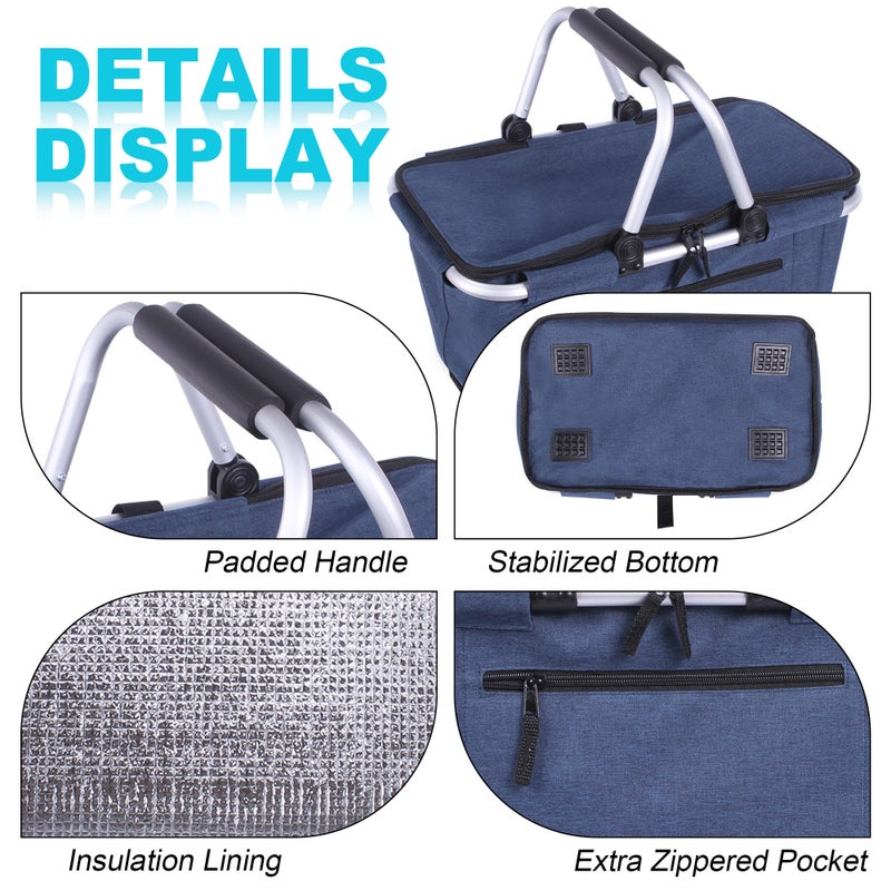 SIYUAN Picnic Basket, SIYUAN Collapsible Shopping Basket with Lid 27L Large Market Basket with Handles Reusable Folding Grocery Basket Insulated Cooler Bag for Picnic Travel, Blue - Image 4