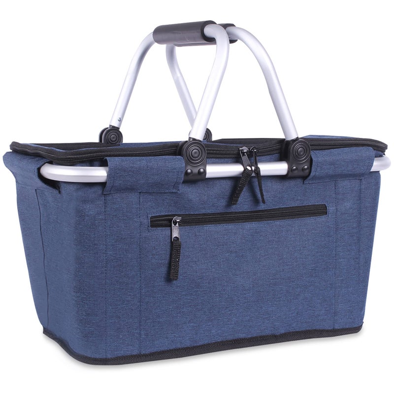 SIYUAN Picnic Basket, SIYUAN Collapsible Shopping Basket with Lid 27L Large Market Basket with Handles Reusable Folding Grocery Basket Insulated Cooler Bag for Picnic Travel, Blue - Image 1