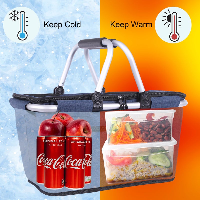 SIYUAN Picnic Basket, SIYUAN Collapsible Shopping Basket with Lid 27L Large Market Basket with Handles Reusable Folding Grocery Basket Insulated Cooler Bag for Picnic Travel, Blue - Image 5