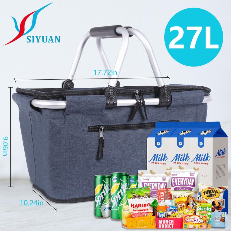 SIYUAN Picnic Basket, SIYUAN Collapsible Shopping Basket with Lid 27L Large Market Basket with Handles Reusable Folding Grocery Basket Insulated Cooler Bag for Picnic Travel, Blue - Image 2