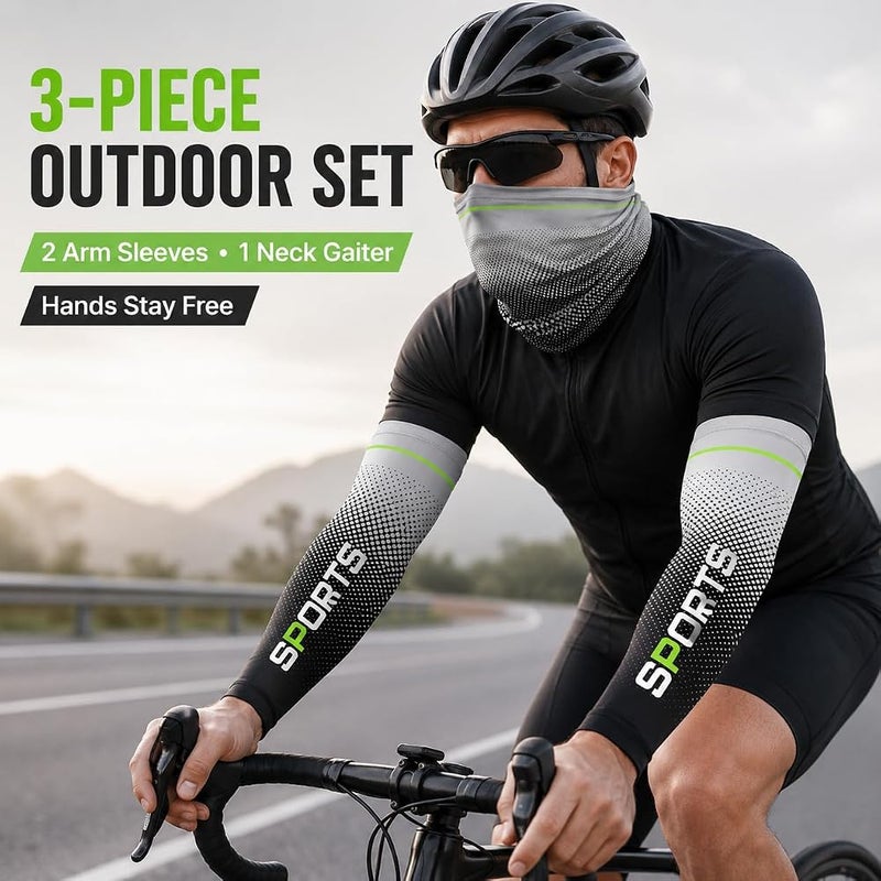 Vimeite 3-Piece Ice-Silk-Feel Arm Sleeves and Neck Gaiter Set, 1 Pair Stretch Outdoor Arm Covers with Face & Neck Cover for Cycling, Running and Hiking, Green,Grey,Light Blue,Dark Blue - Image 2