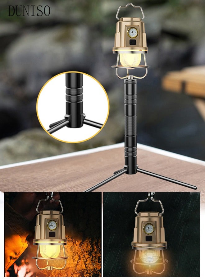 DUNISO Vintage Camping Lantern 3 Lighting Modes Portable Tent Lamp with Clock Tripod Pendant Lamp Hanging Hook Rechargeable USB Camping Lights for Home Office Tent Car Emergency Outages - Image 1