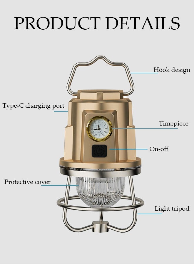 DUNISO Vintage Camping Lantern 3 Lighting Modes Portable Tent Lamp with Clock Tripod Pendant Lamp Hanging Hook Rechargeable USB Camping Lights for Home Office Tent Car Emergency Outages - Image 3