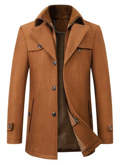 Loquat Men's Woolen Casual Coat Slim Fit Double Collar Jacket Overcoat with Pockets Camel  - Image 1