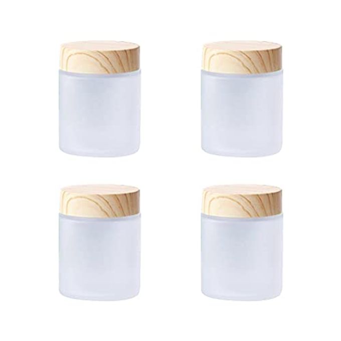Healthcom 4 Packs 3.3 Oz Empty Glass Jars 100ml Round Frosted Glass Cosmetic Cream Jar Bottles with Wood Grain Lid Refillable Container Lotion Cream Box Jar Pot DIY Makeup Lip Balm Eyeshadow