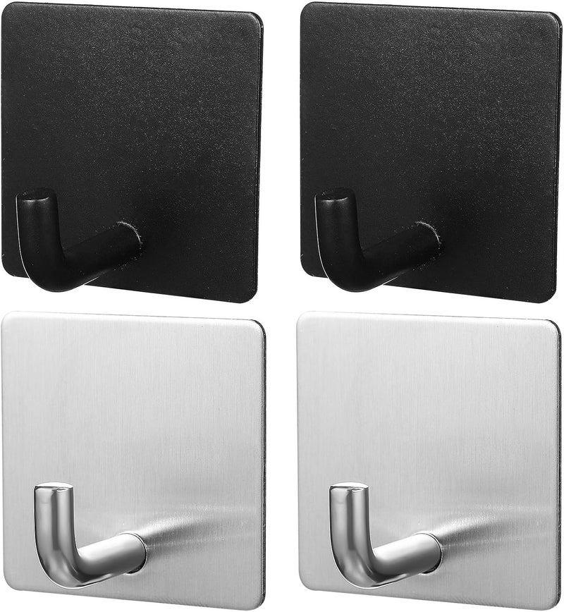KICHOUSE Bathroom Towel Hooks Wall Mount 4pcs Adhesive Metal Hooks Brushed and Black Coating Heavy Duty Self-Adhesive Hand Towel Bathroom and Door Use - Image 1