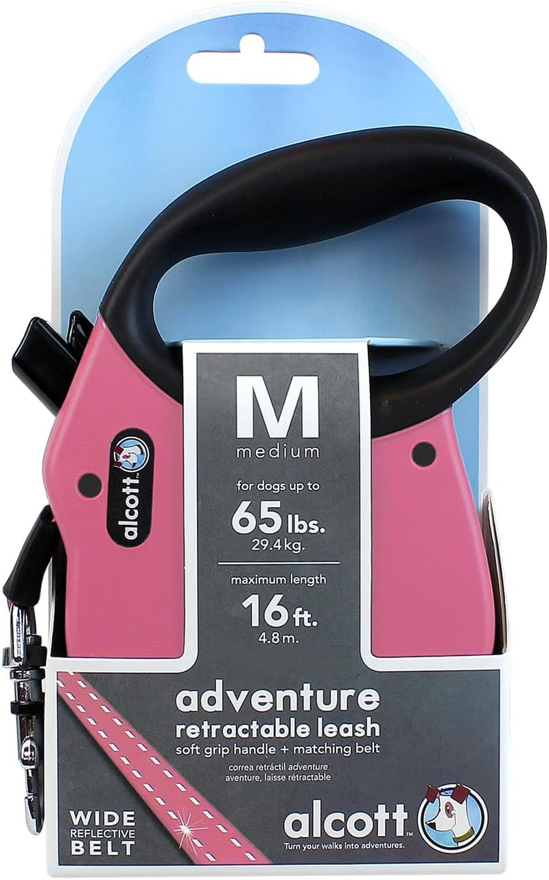 alcott Adventure Retractable Reflective Belt Leash, 16' Long, Medium for Dogs Up to 65 lbs, Pink with Black Soft Grip Handle - Image 2