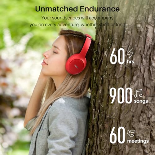 TOZO HT2 Hybrid Active Noise Cancelling Headphones, Wireless Over Ear Bluetooth Headset, 60H Playtime, Hi-Res Audio Custom EQ via App Deep Bass Comfort Fit Ear Cups, for Home Office Travel Red - Image 5
