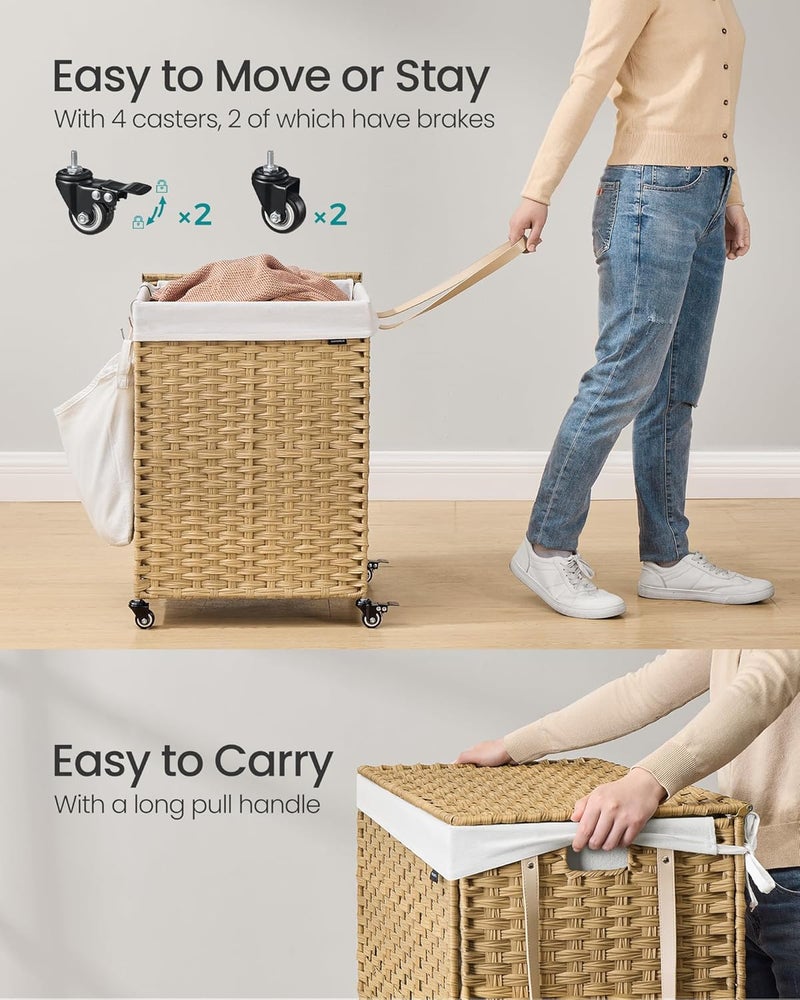 SONGMICS Laundry Hamper with Lid, 31.7 Gallons (120 L), Rolling Laundry Basket with Wheels, Synthetic Rattan, Removable Liner, Bedroom, 18.1 x 15.7 x 26 Inches, Natural Color - Image 5