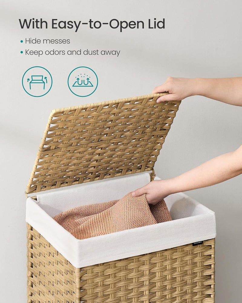SONGMICS Laundry Hamper with Lid, 31.7 Gallons (120 L), Rolling Laundry Basket with Wheels, Synthetic Rattan, Removable Liner, Bedroom, 18.1 x 15.7 x 26 Inches, Natural Color - Image 3