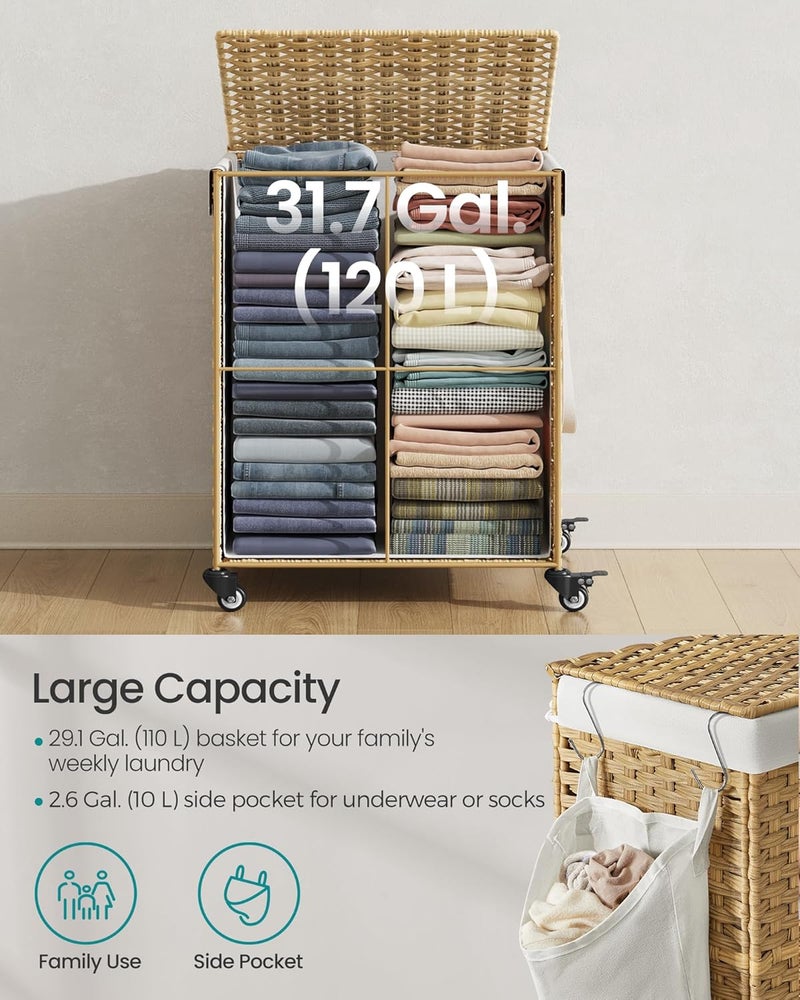 SONGMICS Laundry Hamper with Lid, 31.7 Gallons (120 L), Rolling Laundry Basket with Wheels, Synthetic Rattan, Removable Liner, Bedroom, 18.1 x 15.7 x 26 Inches, Natural Color - Image 4