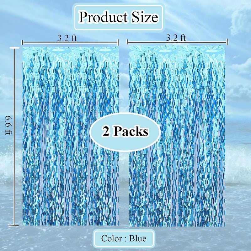 Budicool Wavy Tinsel Foil Fringe Curtains Teal Blue Streamers Backdrop for Ocean Themed Party Blue Birthday Under The Sea Party Decorations(2 Pack,3.2 ft x 6.6 ft) - Image 2