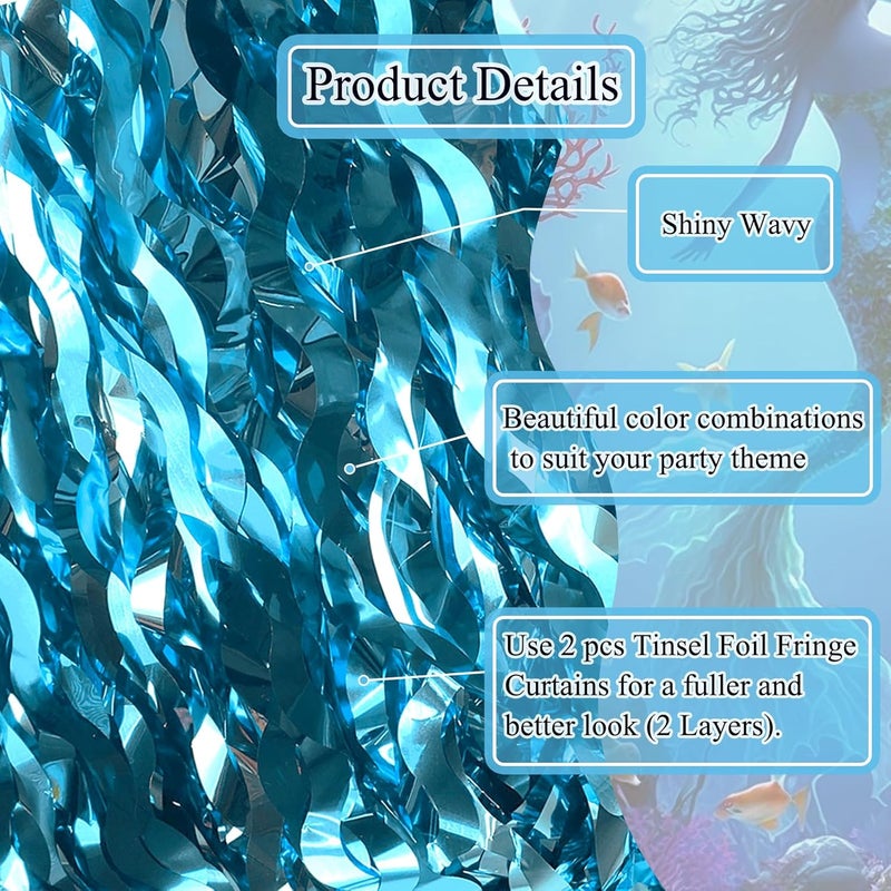 Budicool Wavy Tinsel Foil Fringe Curtains Teal Blue Streamers Backdrop for Ocean Themed Party Blue Birthday Under The Sea Party Decorations(2 Pack,3.2 ft x 6.6 ft) - Image 3