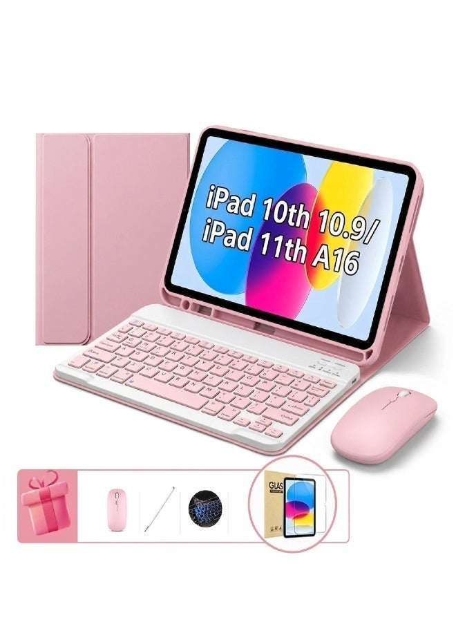 Arabic English Keyboard Case for iPad 11th Generation (A16, 2025) and 10th Generation (2022)​ ， Detachable Bluetooth Keyboard , Stain-Resistant Cover，Portable Lightweight Keyboard Case with Pencil Holder, Combo Set with Desert Keyboard Dust Cover, Tempered Glass Screen Protector， Stylus, Bluetooth Mouse,Pink - Image 1