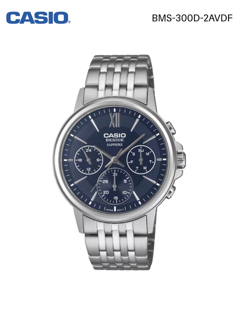 ساعة كاسيو بيسايد BMS-300D-2AV رجالية أنالوج بسوار ستانلس ستيل وزجاج ياقوتي مقاومة للماء