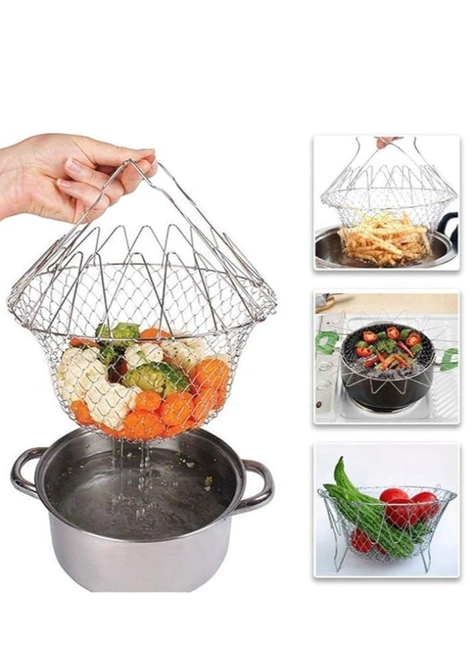 Foldable Stainless Steel Fry Basket Drain Rack Tabletop Fruit Basket Fry Strainer Net Telescopic Folding Basket for Fried Food or Fruits Kitchen Cooking Tool  - Image 1
