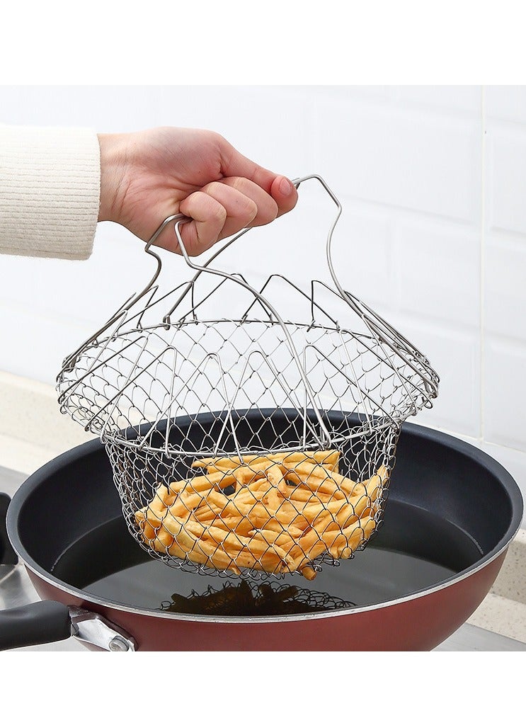 Foldable Stainless Steel Fry Basket Drain Rack Tabletop Fruit Basket Fry Strainer Net Telescopic Folding Basket for Fried Food or Fruits Kitchen Cooking Tool  - Image 4