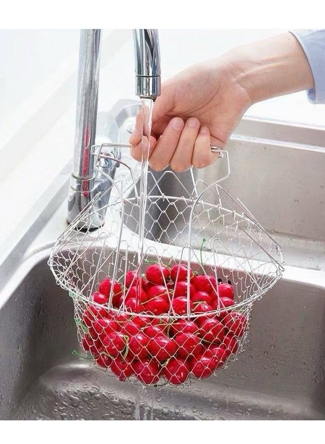 Foldable Stainless Steel Fry Basket Drain Rack Tabletop Fruit Basket Fry Strainer Net Telescopic Folding Basket for Fried Food or Fruits Kitchen Cooking Tool  - Image 5