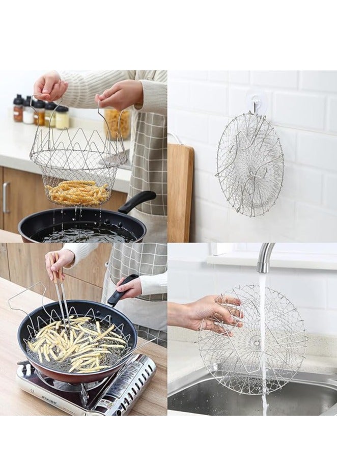 Foldable Stainless Steel Fry Basket Drain Rack Tabletop Fruit Basket Fry Strainer Net Telescopic Folding Basket for Fried Food or Fruits Kitchen Cooking Tool  - Image 3