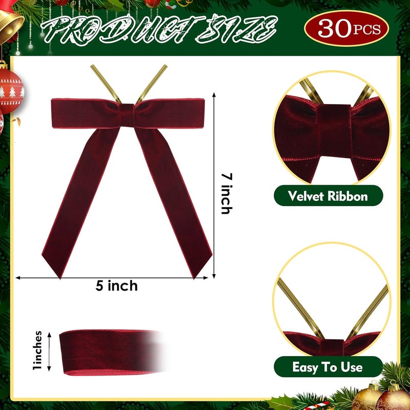 BeapTcely 30 Pcs Christmas Velvet Wreath Bow, 5 x 7 Inch Vintage Velvet Ribbon Bows Rustic Crafts Gift Bows for Indoor Outdoor Wreaths Garland Holiday Xmas Tree Wrapping Crafts (Burgundy Red, Width of 1") - Image 2