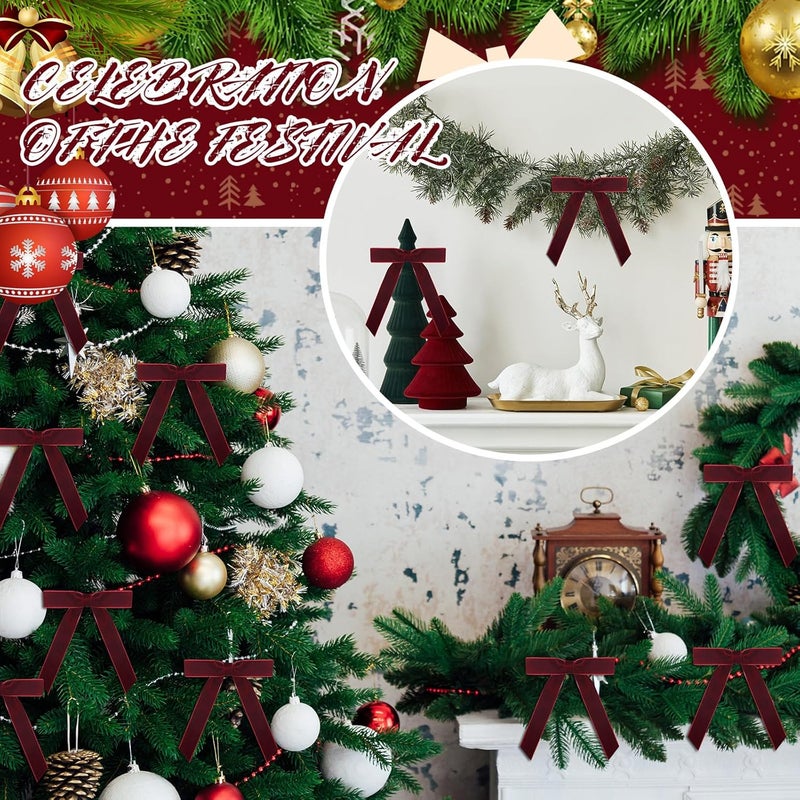 BeapTcely 30 Pcs Christmas Velvet Wreath Bow, 5 x 7 Inch Vintage Velvet Ribbon Bows Rustic Crafts Gift Bows for Indoor Outdoor Wreaths Garland Holiday Xmas Tree Wrapping Crafts (Burgundy Red, Width of 1") - Image 5