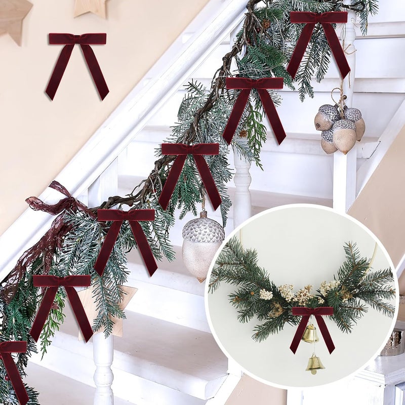 BeapTcely 30 Pcs Christmas Velvet Wreath Bow, 5 x 7 Inch Vintage Velvet Ribbon Bows Rustic Crafts Gift Bows for Indoor Outdoor Wreaths Garland Holiday Xmas Tree Wrapping Crafts (Burgundy Red, Width of 1") - Image 3