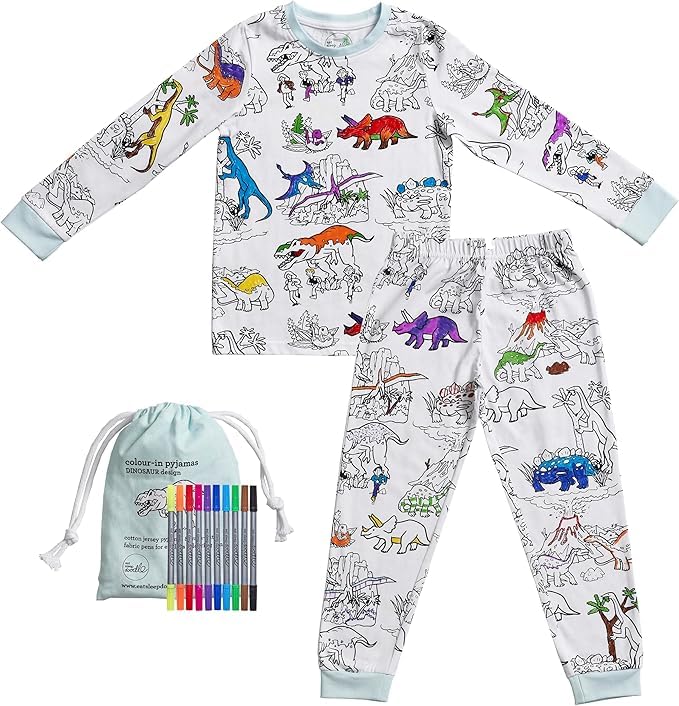 eatsleepdoodle Kids Coloring Pajama Set DIY Wearable Art Dinosaur Pajamas for Boys Includes Washable Markers Fun Creative Sleepwear for Art Playtime Cotton Reusable Gift Idea for kids