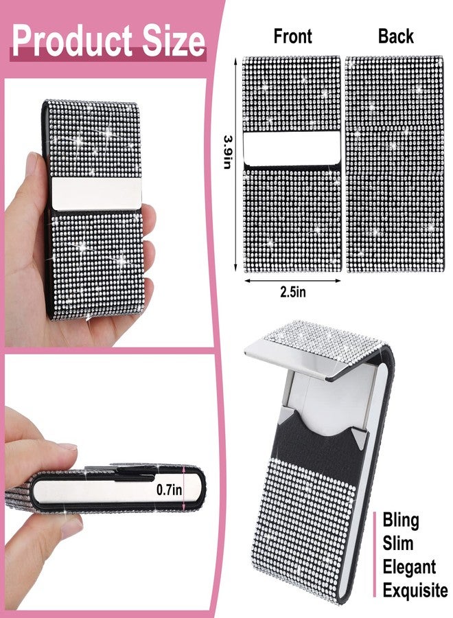 Woanger 2 Pcs Rhinestone Business Card Holder Bling PU Leather Business Card Case Pocket Credit Card Holder for Women Business Card Wallet Name Card Holder Purse with Magnetic Closure, White Pink - Image 2