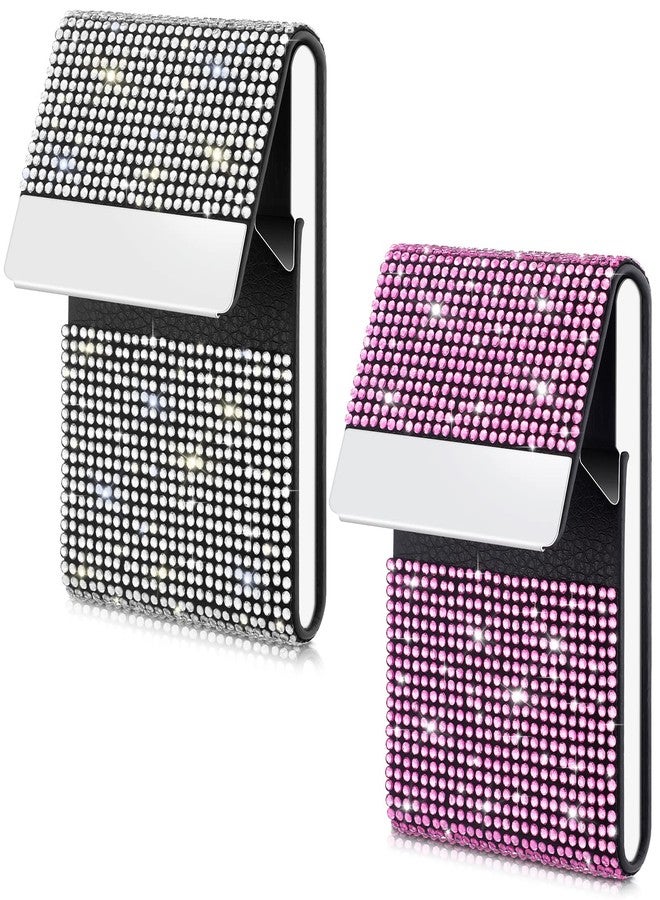 Woanger 2 Pcs Rhinestone Business Card Holder Bling PU Leather Business Card Case Pocket Credit Card Holder for Women Business Card Wallet Name Card Holder Purse with Magnetic Closure, White Pink - Image 1