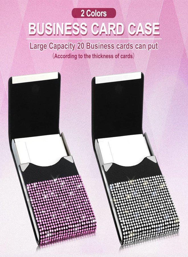 Woanger 2 Pcs Rhinestone Business Card Holder Bling PU Leather Business Card Case Pocket Credit Card Holder for Women Business Card Wallet Name Card Holder Purse with Magnetic Closure, White Pink - Image 4
