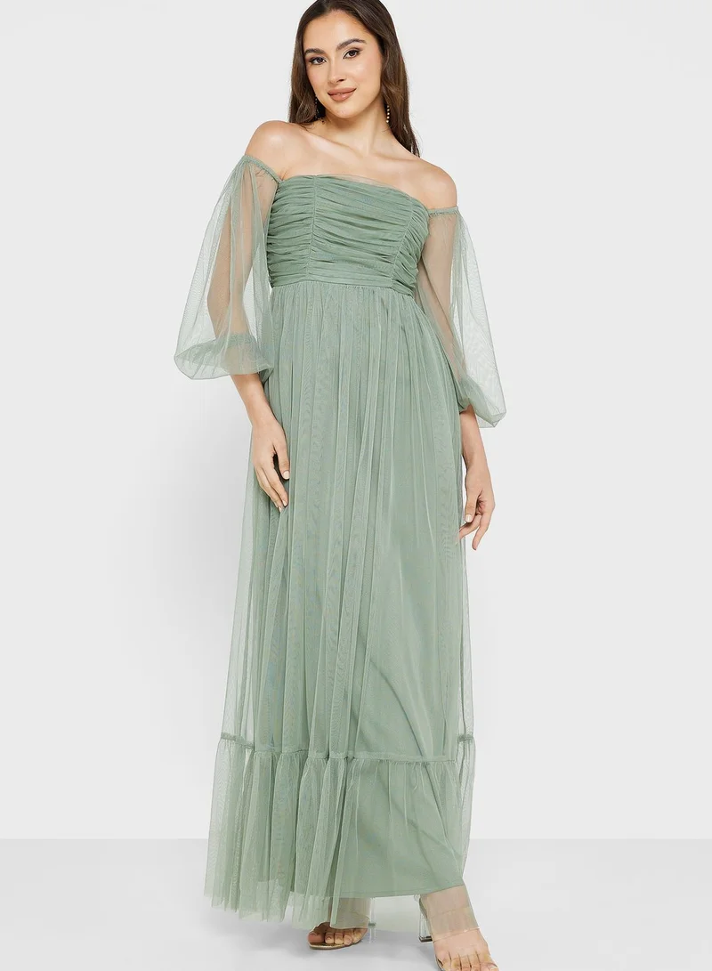 Anaya With Love Bardot Ruched Balloon Sleeve Dress for Women | Best Price  Oman