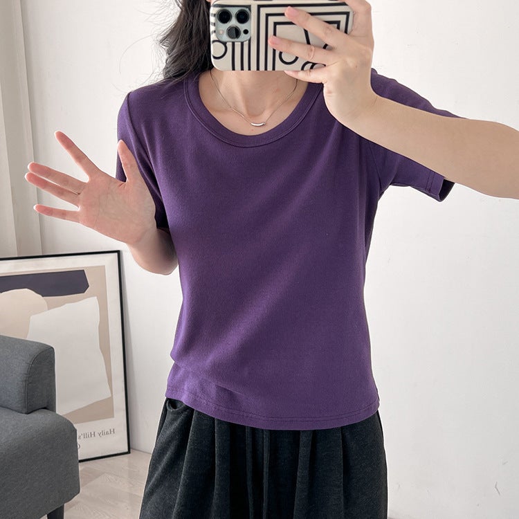 【Water Drop U-Neck T-Shirt】Ribbed Pure Cotton Short-Sleeve T-Shirt for Women, Trendy Ins-Style Spring/Summer Top, Loose-Fitting Base Shirt, Trendy Brand - Image 1