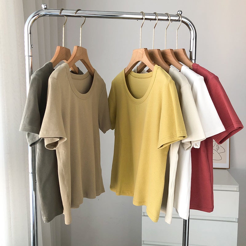 【Water Drop U-Neck T-Shirt】Ribbed Pure Cotton Short-Sleeve T-Shirt for Women, Trendy Ins-Style Spring/Summer Top, Loose-Fitting Base Shirt, Trendy Brand - Image 2