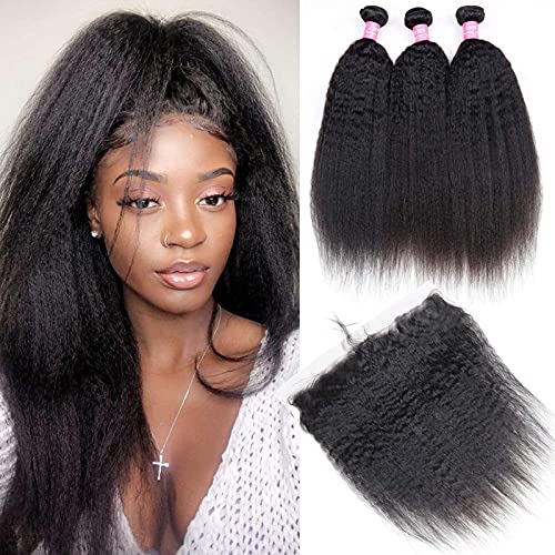 Odir Kinky Straight Bundles with 13x4 Frontal Brazilian Human Hair 26 28 30+20 Inch Unprocessed 9A Yaki Straight Virgin Hair 3 Bundles with Lace Closure Frontal Natural Color - Image 1