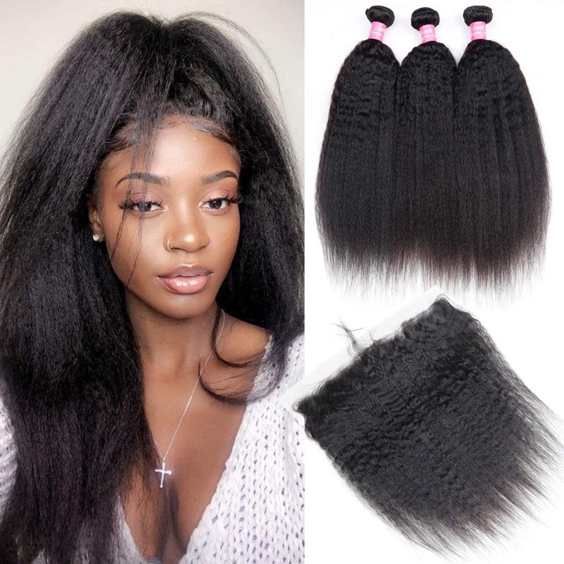 Odir Kinky Straight Bundles with 13x4 Frontal Brazilian Human Hair 26 28 30+20 Inch Unprocessed 9A Yaki Straight Virgin Hair 3 Bundles with Lace Closure Frontal Natural Color - Image 3