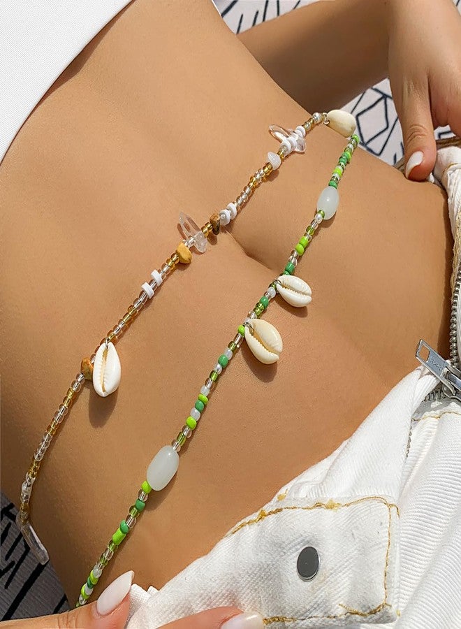 Aaishwarya Set of 2 - Boho Style White Cowrie Shell with Green & Brown Beads Beaded Waist Chain | Vacation Wear Hip Chains | Beach Accessory for Women and Girls | Statement Jewelry - Image 2