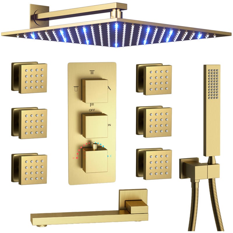 KATAIS Thermostatic Brushed Gold Shower System with Tub Spout Shower Faucet Set 12 Inch Wall Mounted LED Full Body Rain Shower System with Body Jets Handheld Spray Brass Shower Valve