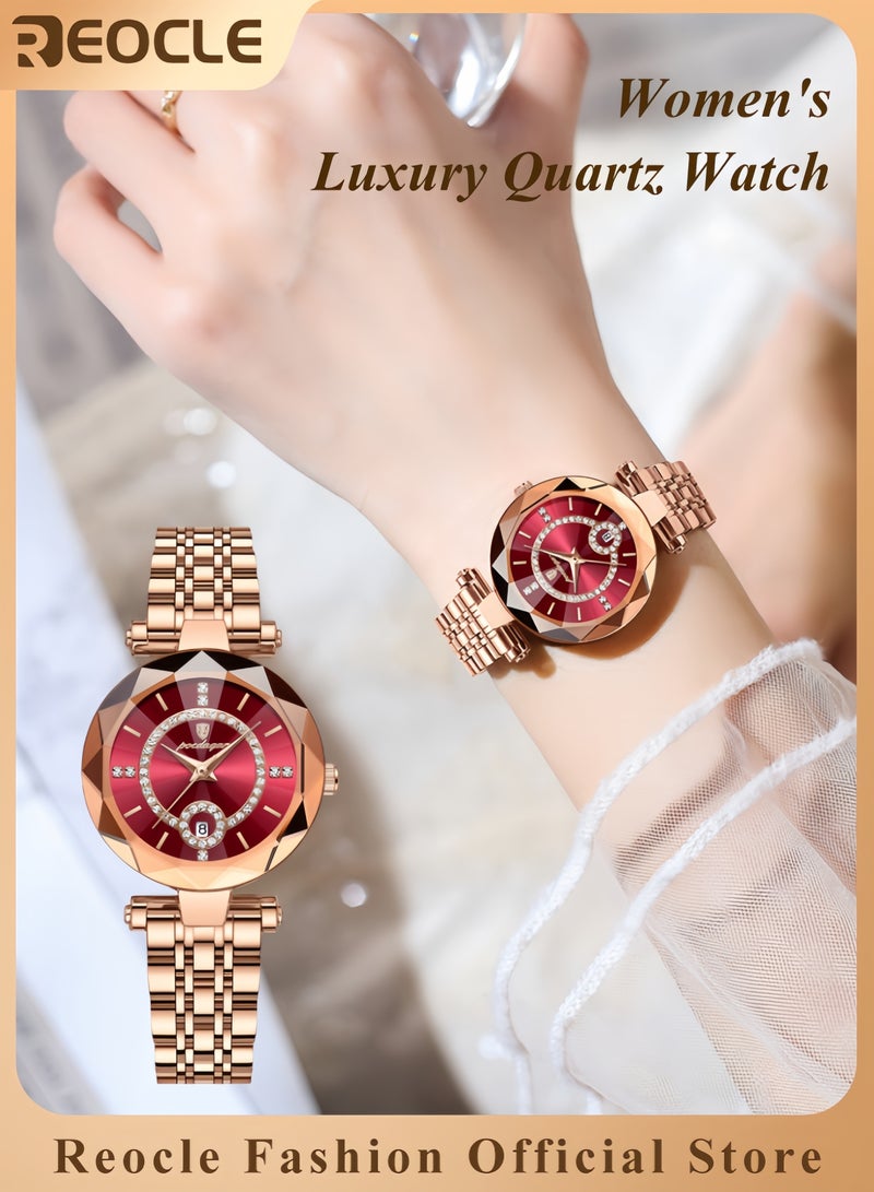 REOCLE Women's Luxury Watch Rose Gold Bracelet Quartz Watch Creative Diamond Circular Dial Stainless Steel Strap Diamond Cut Mirror Surface Waterproof Wrist Watch - Image 1