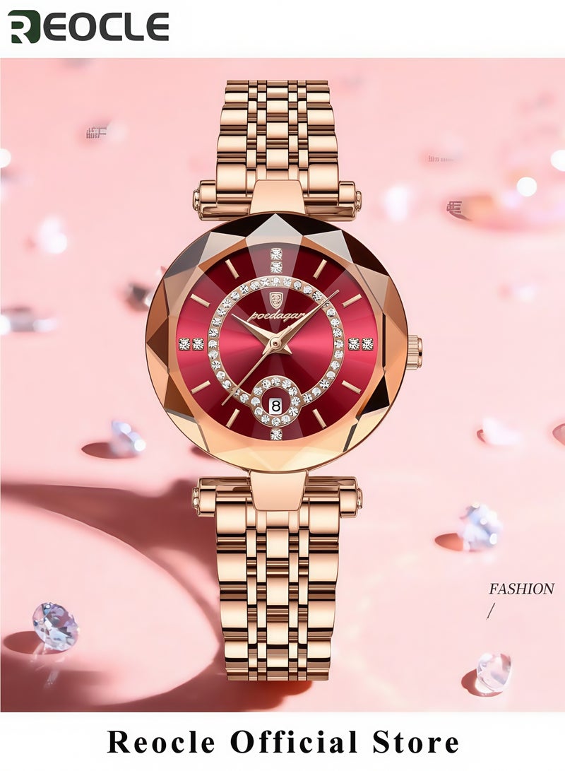 REOCLE Women's Luxury Watch Rose Gold Bracelet Quartz Watch Creative Diamond Circular Dial Stainless Steel Strap Diamond Cut Mirror Surface Waterproof Wrist Watch - Image 2