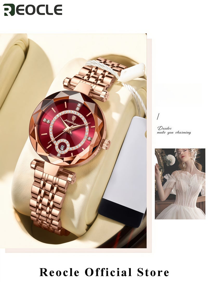 REOCLE Women's Luxury Watch Rose Gold Bracelet Quartz Watch Creative Diamond Circular Dial Stainless Steel Strap Diamond Cut Mirror Surface Waterproof Wrist Watch - Image 3
