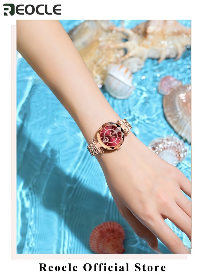 REOCLE Women's Luxury Watch Rose Gold Bracelet Quartz Watch Creative Diamond Circular Dial Stainless Steel Strap Diamond Cut Mirror Surface Waterproof Wrist Watch - Image 4