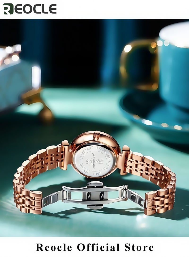 REOCLE Women's Luxury Watch Rose Gold Bracelet Quartz Watch Creative Diamond Circular Dial Stainless Steel Strap Diamond Cut Mirror Surface Waterproof Wrist Watch - Image 5