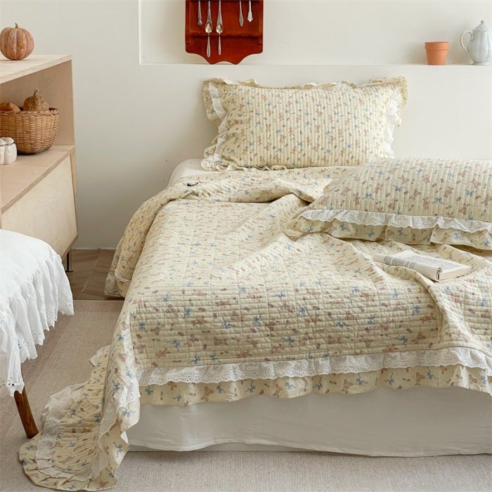 Ins Korean Style Printed Double-Layer Lace Bed Cover Three-Piece Small Floral Lace Cotton Bed Cover - Image 2